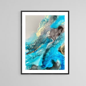 Original Alcohol Ink Painting, 50 x 70 cm Turquoise Gold, Abstraktes Gemälde, Abstract Wall Art