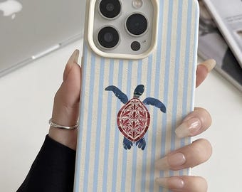Cute Turtle iPhone Case Aesthetic Blue Stripe Marine Life Design for iPhone 17 16 15 14 13 12 11 Pro Max XS XR
