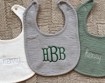 Personalized Muslin Baby Bib Bundle – Embroidered 3 Pack, Custom Name Bibs