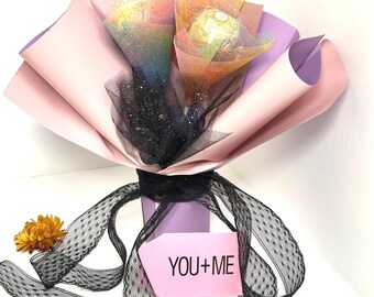 Ramo de flores de chocolate rosa/morado y arcoíris, Día de San Valentín, cumpleaños, quinceañera, dulces 16, orgullo LGBTQ, espectáculo de baile