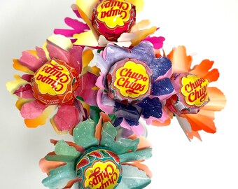 Ramo de piruletas de caramelo, flores de papel, dulces, feliz cumpleaños, aniversario, baby showers