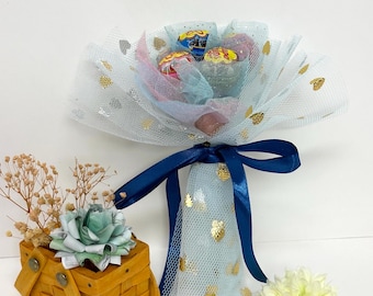 Ramo de flores de piruleta de caramelo azul/arcoíris, Día de San Valentín, cumpleaños, quinceañera, dulces 16, orgullo LGBTQ, espectáculo de baile, aniversario