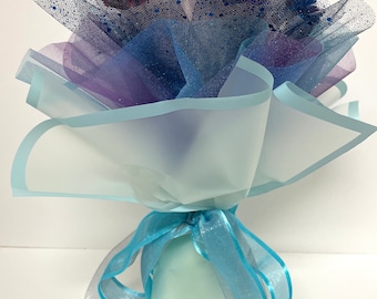 Rose Galaxy flower bouquet, black blue purple orange colors, wedding flower, birthday present, Mother’s Day, graduation