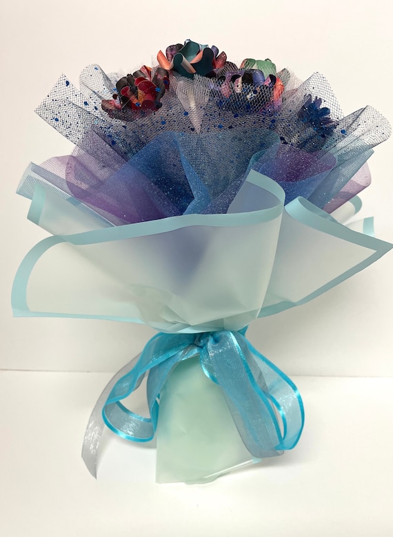 Rose Galaxy flower bouquet, black blue purple orange colors, wedding flower, birthday present, Mother’s Day, graduation