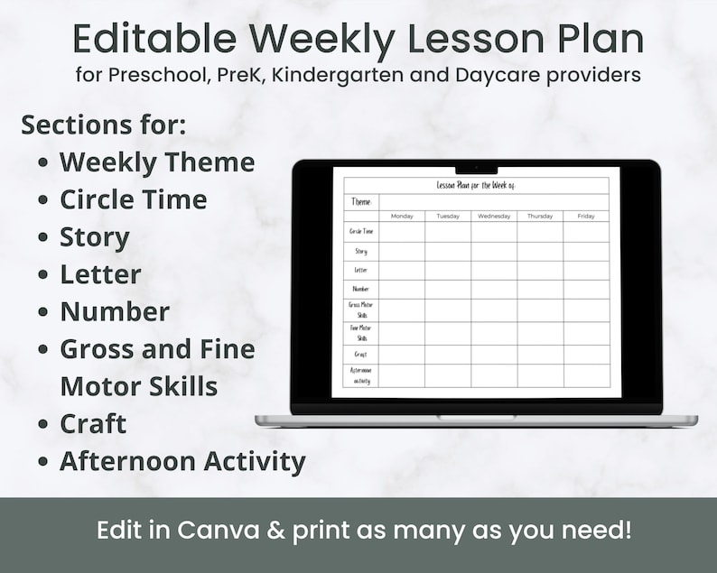 Editable Weekly Lesson Plan Template for Preschool, Prek, Kindergarten