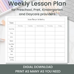 Printable Weekly Lesson Plan Template for Preschool, PreK, Kindergarten and Daycare providers | Simple Curriculum Planning PDF Template
