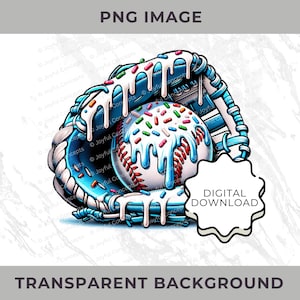 May include: A blue baseball glove with white frosting and sprinkles, holding a baseball with white frosting and sprinkles. The baseball has red stitching. The image has a digital download text overlay.