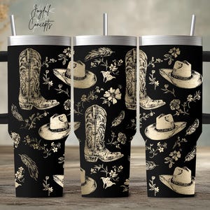 Western 40oz Laser Tumbler Wrap Floral Cowboy Seamless PNG Tumbler Design Boots and Hat Sublimation 40oz Quencher Tumbler Instant Download