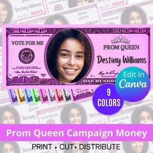 Prom Queen King Flyer Editable Money Template Voting Class President Elections Custom 100 Bill Money for Prom Homecoming 9 Colors Printable