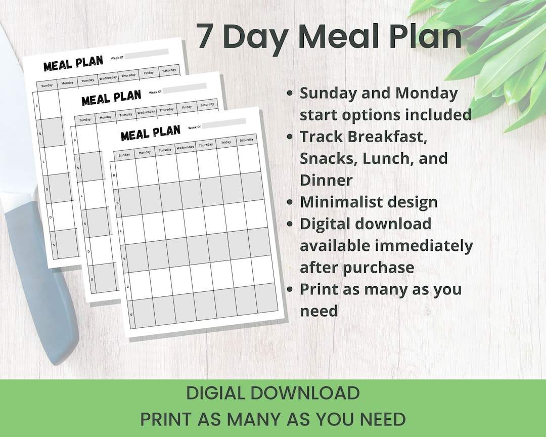 7 Day Printable Meal Plan Includes Sections for Breakfast, Lunch