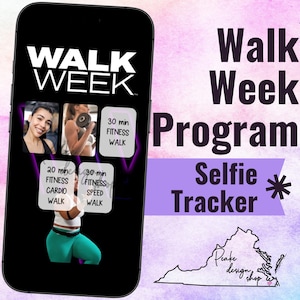 Puede incluir: Una pantalla de teléfono inteligente muestra el programa de fitness "Walk Week Program Selfie Tracker". La pantalla muestra imágenes de mujeres haciendo ejercicio, con texto que indica la duración del entrenamiento como "30 min Fitness Walk". El fondo es un degradado de rosa y morado.