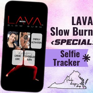 Puede incluir: Una pantalla de teléfono inteligente muestra la interfaz de la aplicación "LAVA Slow Burn". La aplicación presenta imágenes de mujeres haciendo ejercicio, con opciones para "Cardio Core", "Controlled Burn" y "Energy Activation". El fondo es un degradado de morado, rosa y azul.