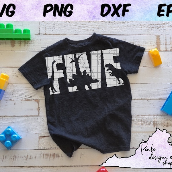 Five Dinosaur SVG Five Birthday Boy T-Rex 5th Birthday Fifth Birthday T Rex Digital Download Cut File