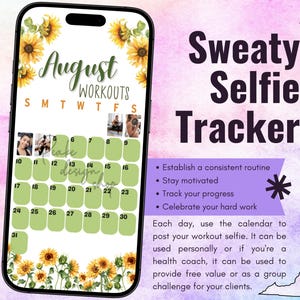 Seguimiento de entrenamiento de selfies sudorosas de agosto de 2025 • BODi, Beachbody, fitness, bienestar, seguimiento de redes sociales, plantilla de historias de Instagram Calendario mensual