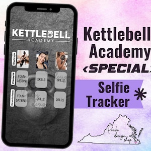 Puede incluir: Una pantalla de teléfono en blanco y negro que muestra una aplicación de seguimiento de ejercicios llamada "Kettlebell Academy <SPECIAL> Selfie Tracker". La aplicación tiene una cuadrícula de cuadrados con las palabras "Snatches", "Cleans", "Swings", "Foundations", "Skills" y "Drills".