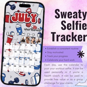 July 2026 Workout Selfie Tracker • Fitness Exercise Calendar • Accountability • Social Media (PNG Digital Download)