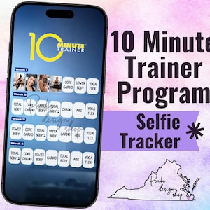 Puede incluir: Una pantalla de teléfono inteligente muestra un programa de entrenamiento de 10 minutos con un rastreador de selfies. La aplicación presenta planes de entrenamiento para todo el cuerpo, core, cardio y flexión de yoga. El fondo es un lavado de acuarela púrpura y azul.