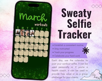 March 2026 Workout Selfie Tracker • Fitness Exercise Calendar • Accountability • Social Media (PNG Digital Download)