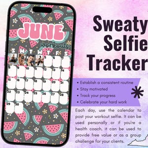 Trainingstracker voor zweterige selfies juni 2025 • BODi, beachbody, fitness, wellness, socialmediatracker, IG Stories-sjabloon, maandkalender