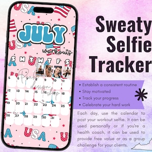 July 2026 Workout Selfie Tracker • Fitness Exercise Calendar • Accountability • Social Media (PNG Digital Download)