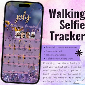 Seguimiento de entrenamiento de selfis caminando (julio de 2025) • Fitness, bienestar, seguimiento de redes sociales, plantilla de historias, Instagram, IG, calendario mensual