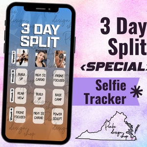 May include: A smartphone screen displays a fitness program titled "3 Day Split" with a "Selfie Tracker" feature. The program includes workout categories like "Build Up" and "High 5's Cardio", with images of exercises. The background is a gradient of pink, purple, and brown.