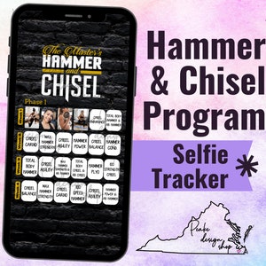 May include: A smartphone screen displaying a fitness program called "The Master's Hammer and Chisel". The program is divided into phases and includes a variety of workouts, including cardio, strength, agility, power, balance, and conditioning. The screen also shows a selfie tracker, which allows users to track their progress.