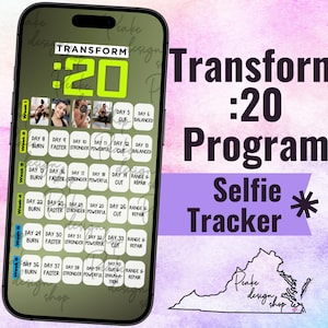 May include: A green and black phone screen displaying a fitness program called "Transform:20". The program is a 36-day challenge with daily workout categories like "Burn", "Faster", "Stronger", "Powerful", "Cut", and "Range & Repair".