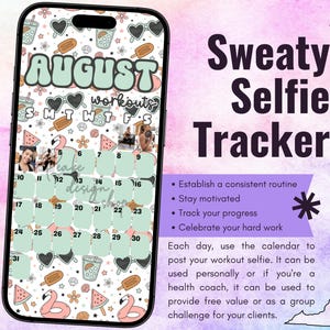 Seguimiento de entrenamiento de selfies sudorosas de agosto de 2025 • BODi, Beachbody, fitness, bienestar, seguimiento de redes sociales, plantilla de historias de Instagram Calendario mensual