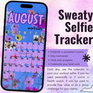 Seguimiento de entrenamiento de selfies sudorosas de agosto de 2025 • BODi, Beachbody, fitness, bienestar, seguimiento de redes sociales, plantilla de historias de Instagram Calendario mensual