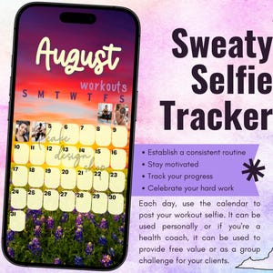 Seguimiento de entrenamiento de selfies sudorosas de agosto de 2025 • BODi, Beachbody, fitness, bienestar, seguimiento de redes sociales, plantilla de historias de Instagram Calendario mensual