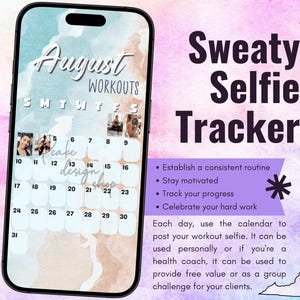 Seguimiento de entrenamiento de selfies sudorosas de agosto de 2025 • BODi, Beachbody, fitness, bienestar, seguimiento de redes sociales, plantilla de historias de Instagram Calendario mensual