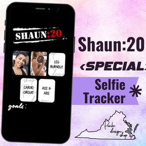 Puede incluir: Una pantalla de teléfono inteligente negra que muestra una aplicación de fitness llamada "Shaun:20" con una función de seguimiento de selfies. La aplicación tiene un fondo negro con texto blanco e imágenes de diferentes rutinas de entrenamiento. El texto "goals:" está escrito en blanco en la pantalla. El teléfono está sobre un fondo rosa y azul con un contorno blanco del estado de Virginia.