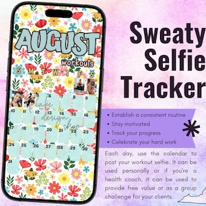 Seguimiento de entrenamiento de selfies sudorosas de agosto de 2025 • BODi, Beachbody, fitness, bienestar, seguimiento de redes sociales, plantilla de historias de Instagram Calendario mensual