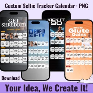 May include: Four smartphones displaying digital fitness tracker calendars with various workout schedules, including "Get Shredded," "Rapid Fit," "Kick It 90," and "30 Day Glute Gains." The screens feature grids of white rounded squares with text labels.