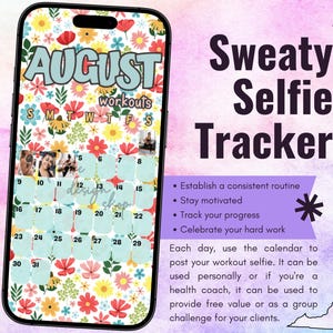August 2026 Workout Selfie Tracker • Fitness Exercise Calendar • Accountability • Social Media (PNG Digital Download)