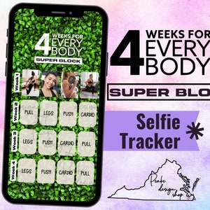 Rastreador de entrenamiento de 4 semanas para selfis sudorosos con Super Block para todo el cuerpo • BODi, Beachbody, Fitness, Bienestar, Plantilla de historias de IG, Calendario