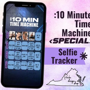 Puede incluir: La pantalla de un teléfono inteligente muestra una aplicación de seguimiento de ejercicios con un fondo azul. La aplicación se llama "10 Minute Time Machine" y presenta un programa de entrenamiento semanal con diferentes ejercicios como "Mills Ride", "Upper Body Strength", "Burn Ride" y "Lower Body Strength". El texto "10 Minute Time Machine <SPECIAL> Selfie Tracker" se muestra en un fondo rosa y morado.