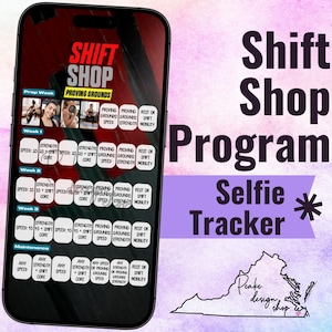 Puede incluir: Un teléfono inteligente muestra una interfaz de programa de fitness. La pantalla muestra un programa de entrenamiento con el texto "Shift Shop Program Selfie Tracker". El fondo es un degradado de rosa, morado y azul.