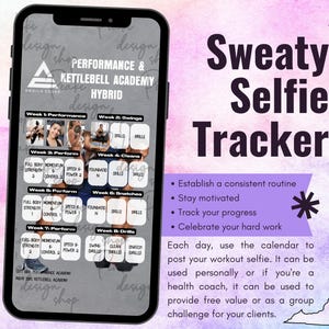 Wydajność i Kettlebell Academy Hybrid Sweaty Selfie Workout Tracker • BODi, Beachbody, Fitness, Wellness, Szablon, Kalendarz miesięczny