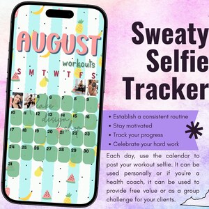 Seguimiento de entrenamiento de selfies sudorosas de agosto de 2025 • BODi, Beachbody, fitness, bienestar, seguimiento de redes sociales, plantilla de historias de Instagram Calendario mensual