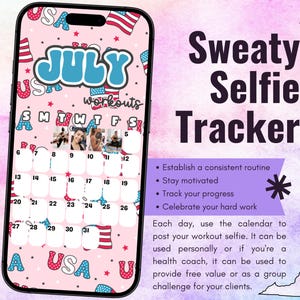 Seguimiento de entrenamiento de selfis sudorosos de julio de 2025 • BODi, Beachbody, fitness, bienestar, seguimiento de redes sociales, plantilla de historias, calendario mensual