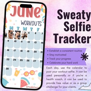 Trainingstracker voor zweterige selfies juni 2025 • BODi, beachbody, fitness, wellness, socialmediatracker, IG Stories-sjabloon, maandkalender