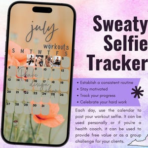 Rastreador de entrenamiento de selfies sudorosas de julio de 2025 • BODi, Beachbody, fitness, bienestar, rastreador de redes sociales, plantilla de historias Calendario mensual