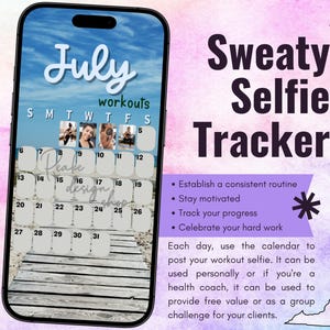 Rastreador de entrenamiento de selfies sudorosas de julio de 2025 • BODi, Beachbody, fitness, bienestar, rastreador de redes sociales, plantilla de historias de IG Calendario mensual