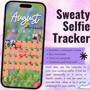 Seguimiento de entrenamiento de selfies sudorosas de agosto de 2025 • BODi, Beachbody, fitness, bienestar, seguimiento de redes sociales, plantilla de historias de Instagram Calendario mensual
