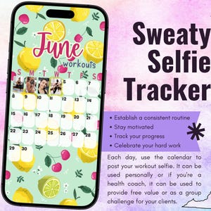 Trainingstracker voor zweterige selfies juni 2025 • BODi, beachbody, fitness, wellness, socialmediatracker, IG Stories-sjabloon, maandkalender