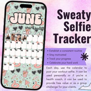 Trainingstracker voor zweterige selfies juni 2025 • BODi, beachbody, fitness, wellness, socialmediatracker, IG Stories-sjabloon, maandkalender