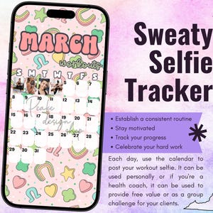 March 2026 Workout Selfie Tracker • Fitness Exercise Calendar • Accountability • Social Media (PNG Digital Download)