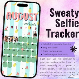 August 2026 Workout Selfie Tracker • Fitness Exercise Calendar • Accountability • Social Media (PNG Digital Download)